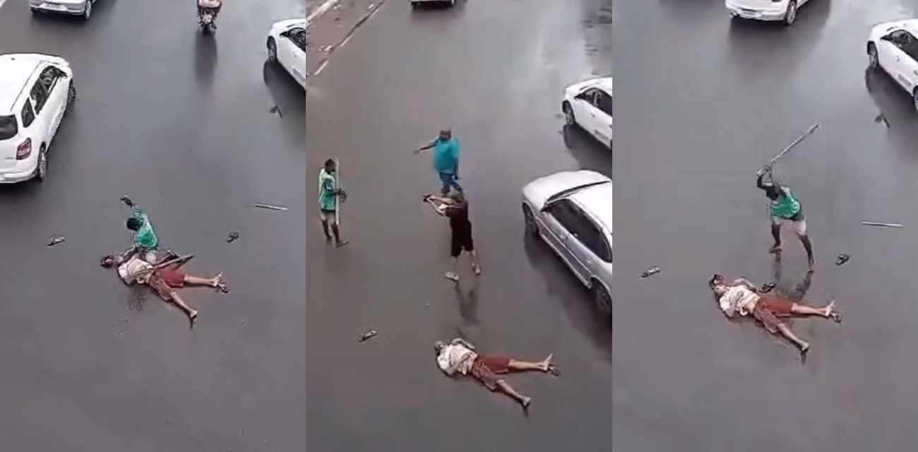 国外街头打架就是干！刀棍互抡猛锤头部 再拿铁棍猛砸 最后被手枪制服 好暴力！