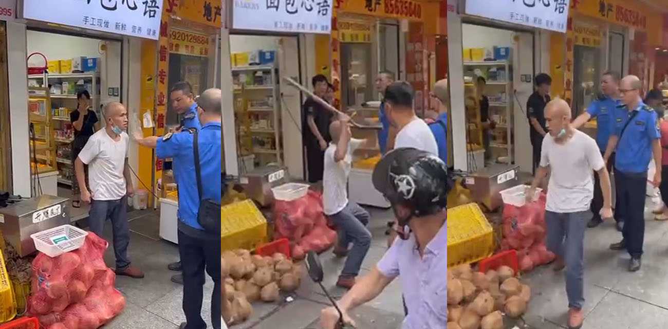 震惊 商家占道经营 城管和摊贩发生冲突 拿铁锹猛击城管头部 现场惊悚画面曝光！