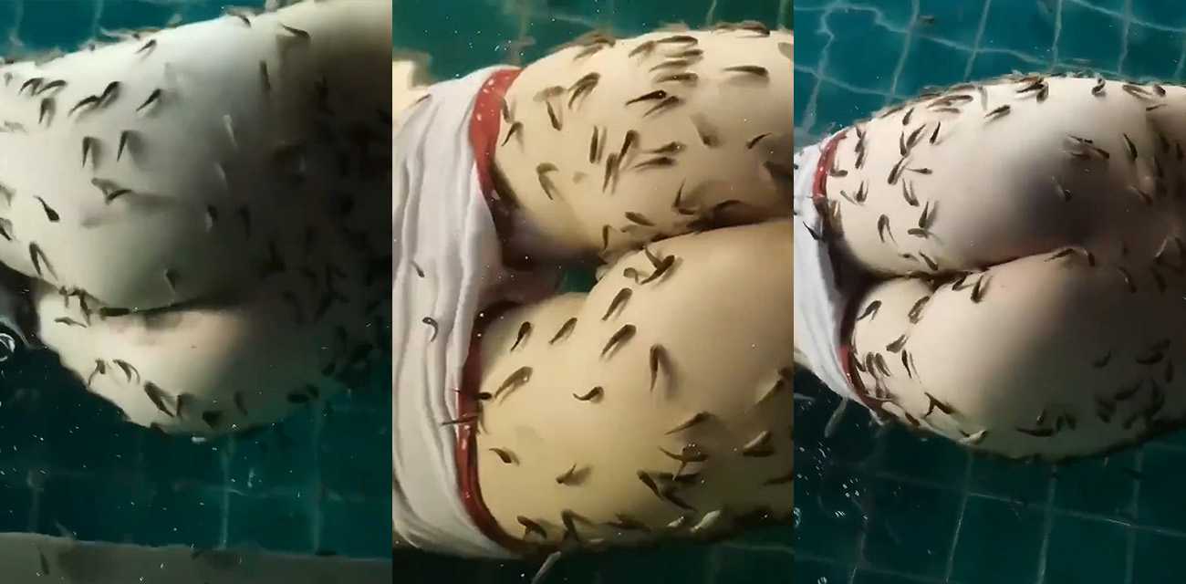 鱼疗吃逼啃翘臀 长腿翘臀性感母狗 在鱼疗点玩露出 上百张嘴吃逼咬屁股 一定很爽吧