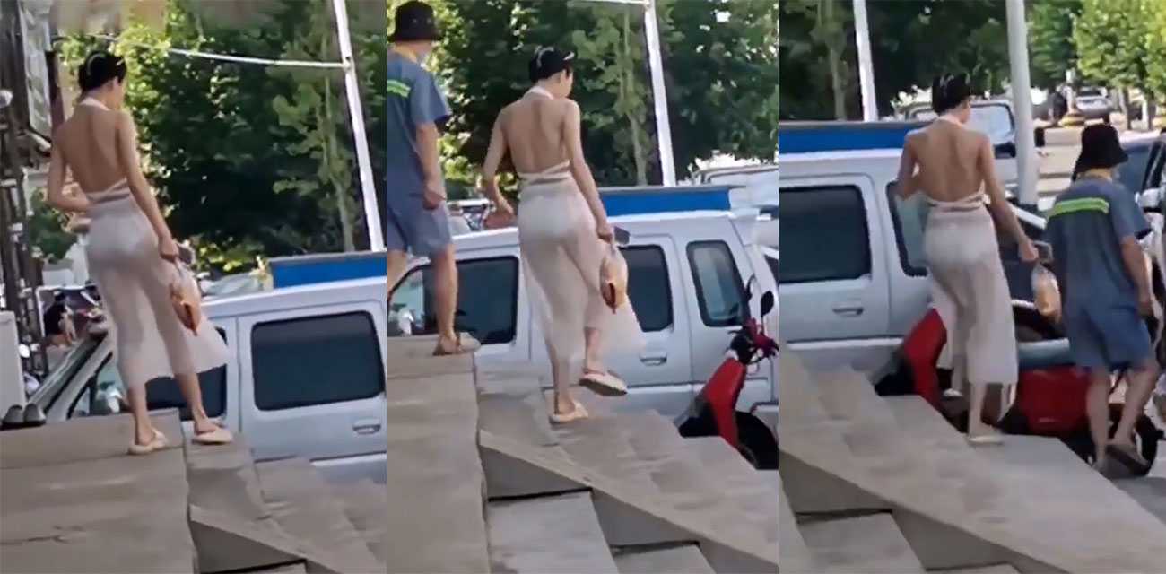 来自大妈的吐槽  “你看这个骚逼 裤头露着 就穿着奶罩上街 馋这些老汉子干什么” 这给大妈嫉妒坏了！