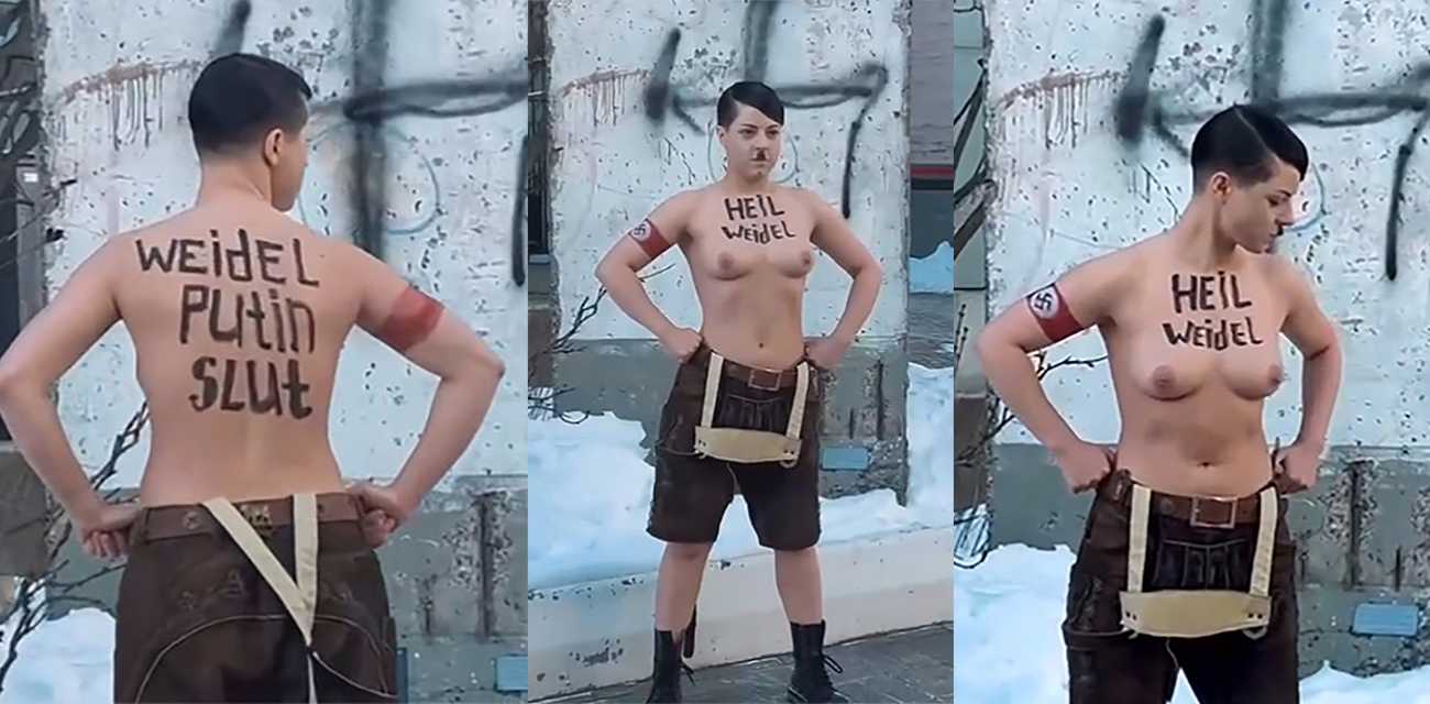 德国女子裸体cos希特勒 抗议德国选择领导人爱丽丝·韦德尔 称其是普京的妓女