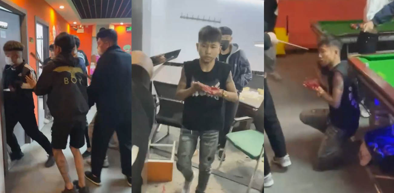 精神小伙台球厅暴怒持刀砍人 手掌惨遭斩成两半 现场血淋淋一片 血腥胆小勿入！